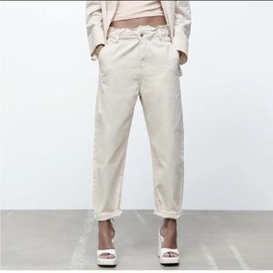 Zara Paperbag Scrunch Waist Pants Beige